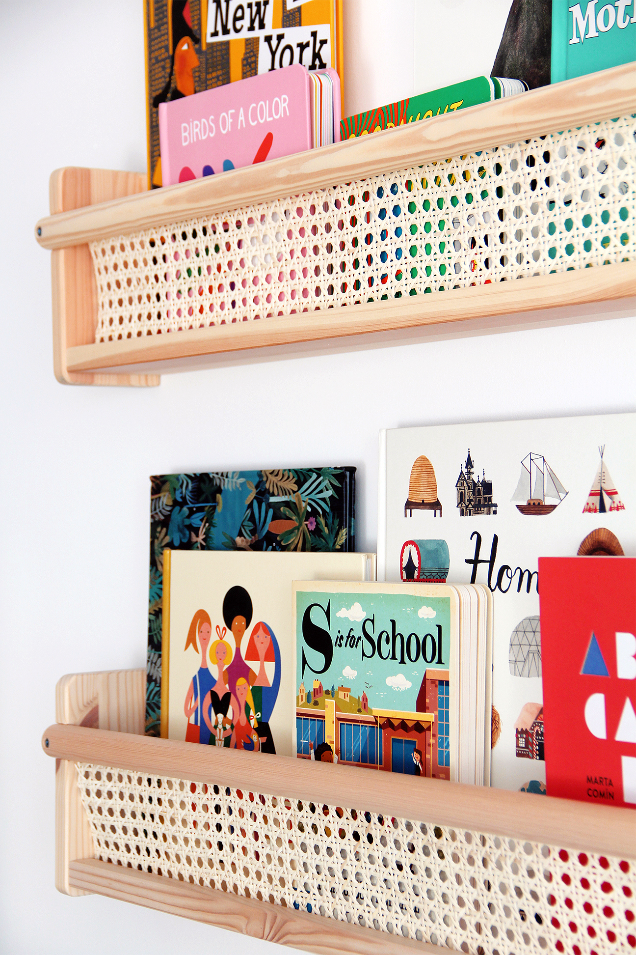 wood shelves with caning exterior