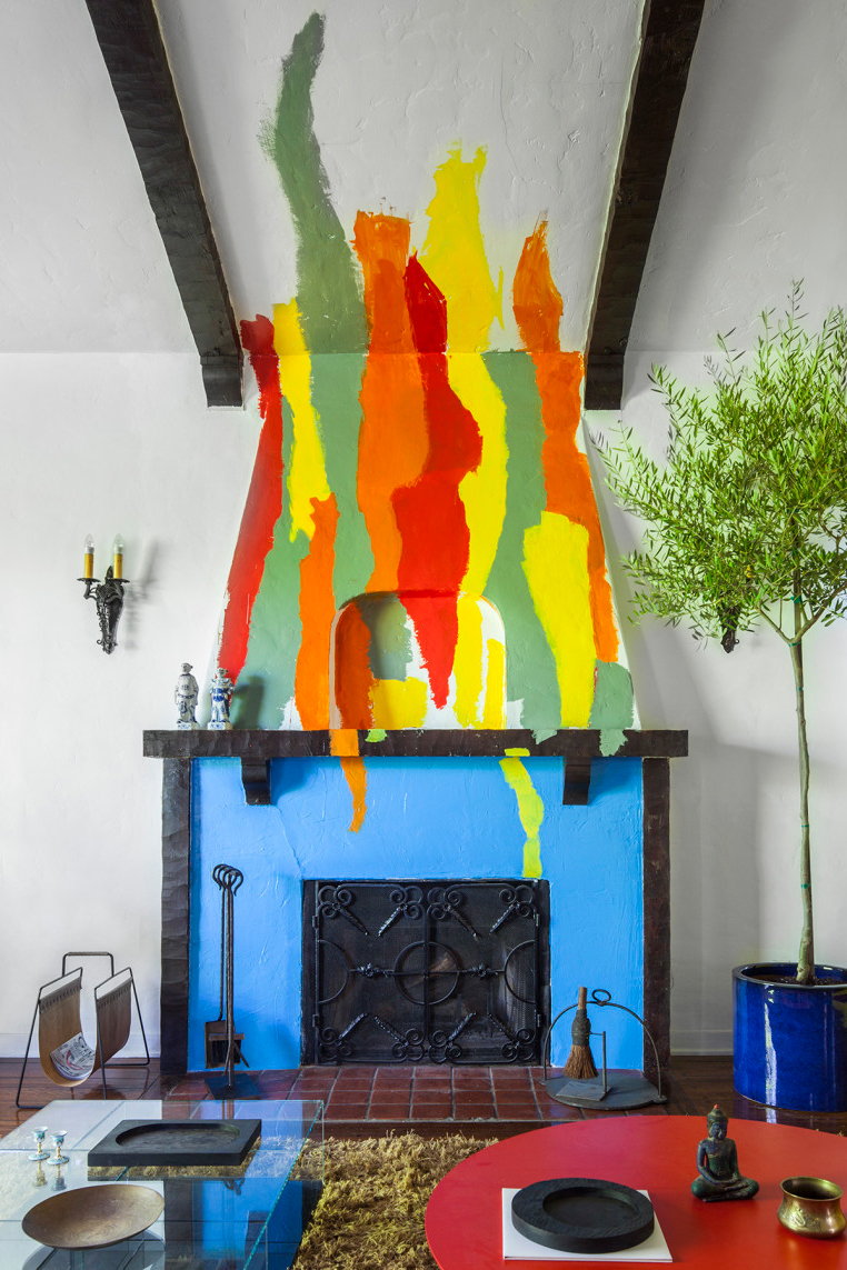 fireplace mural with multicolored flames