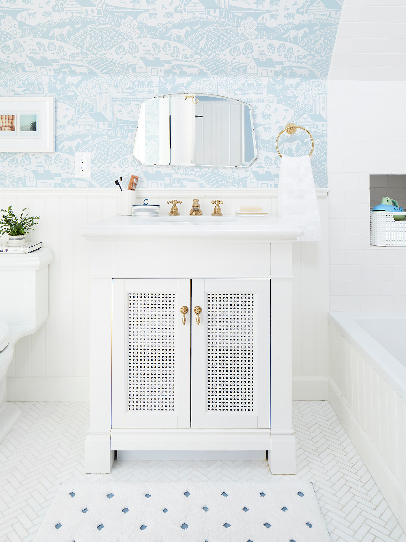 blue wallpapered powder room