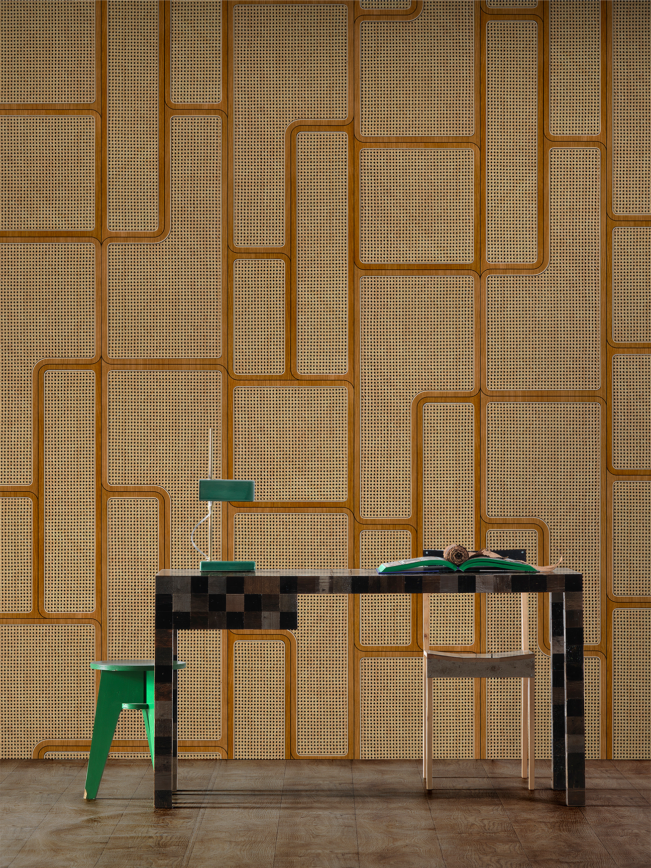 zig zag cane wallpaperwith a desk and chair in front of it