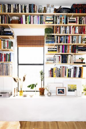 bookshelves with two windows in between