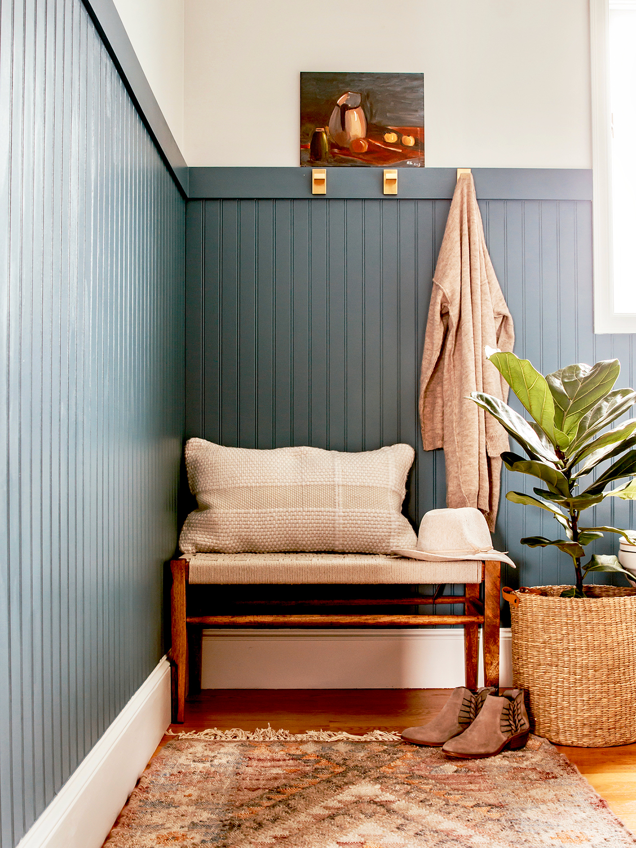 blue headboard in bathroom