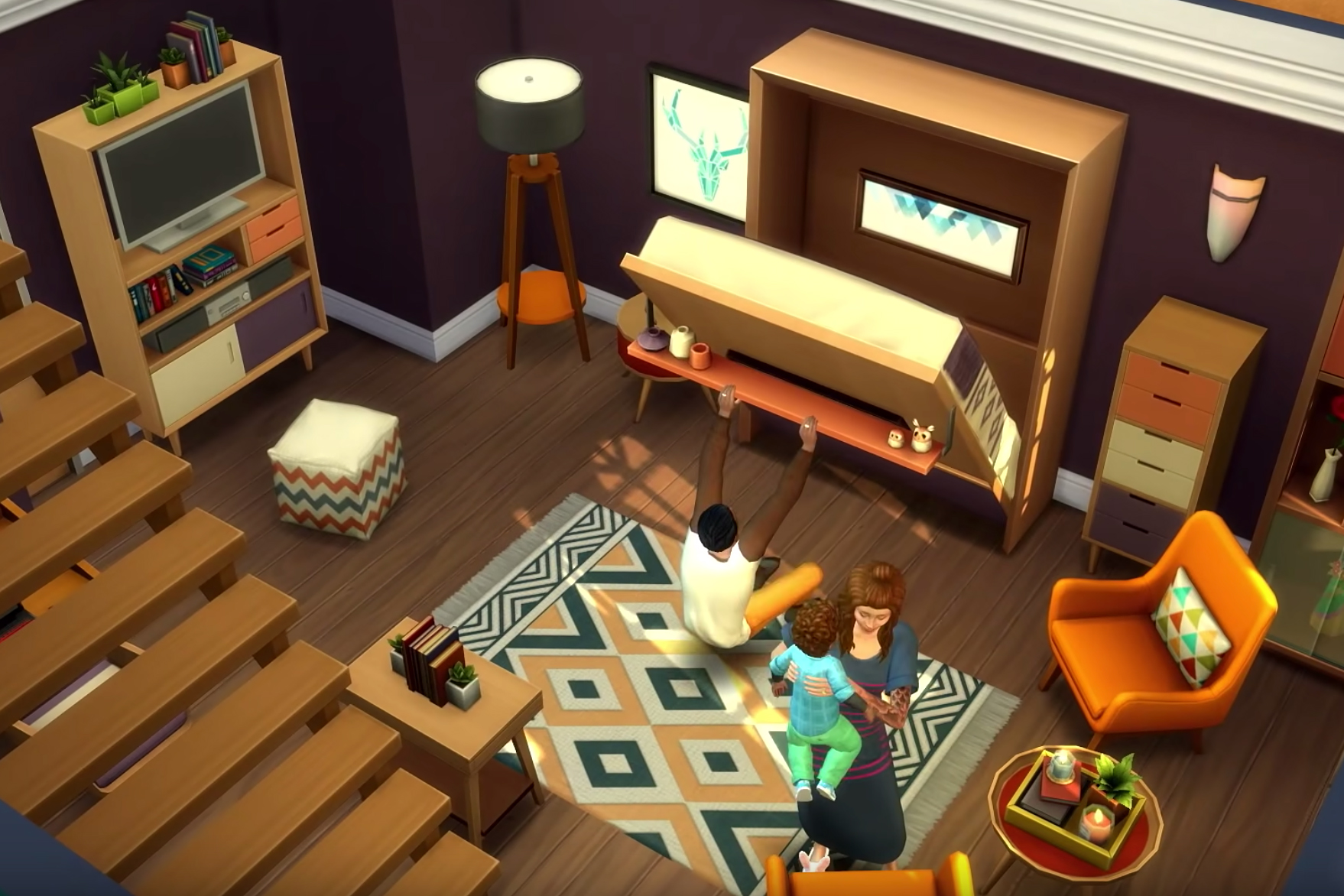 Sims interior with murphy bed and colorful cabinets