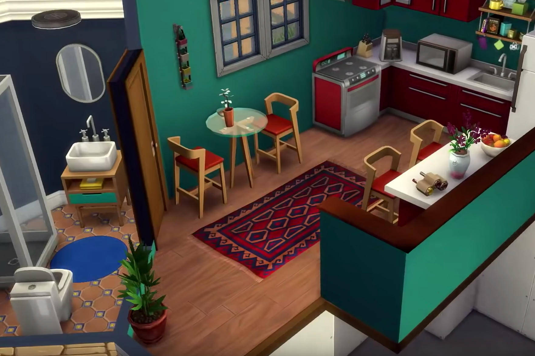 Sims interior with small kitchen