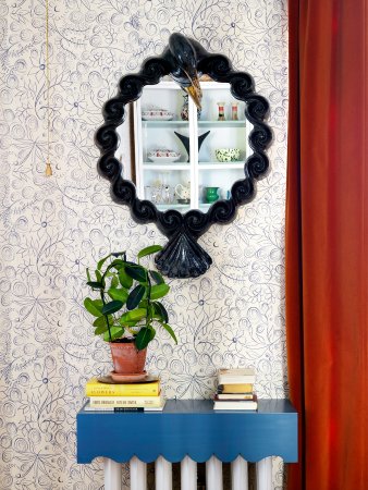 blue shelf over a radiator