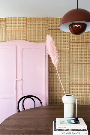 cane wallpaper in a dining room