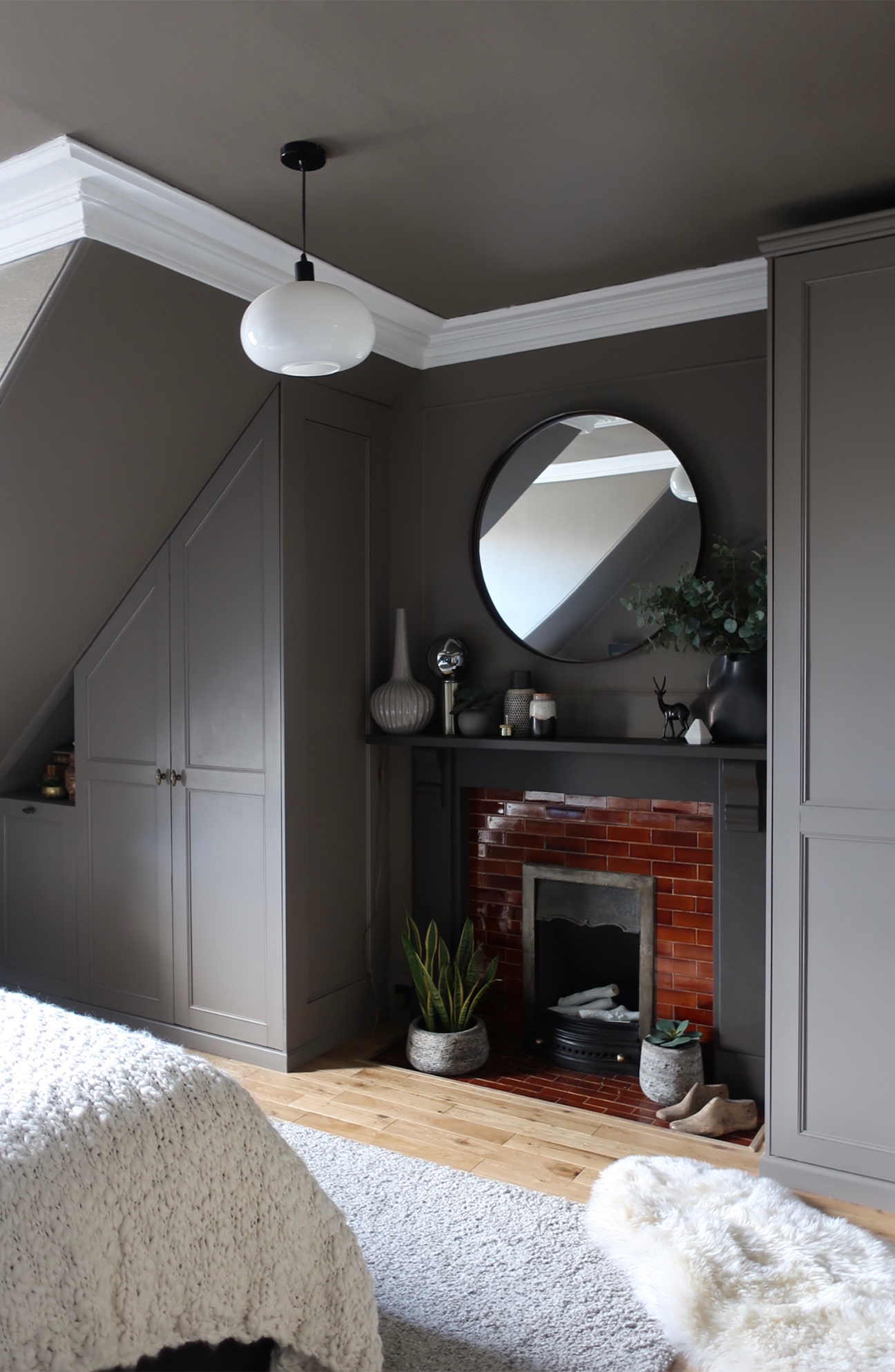 grey bedroom with custom closets