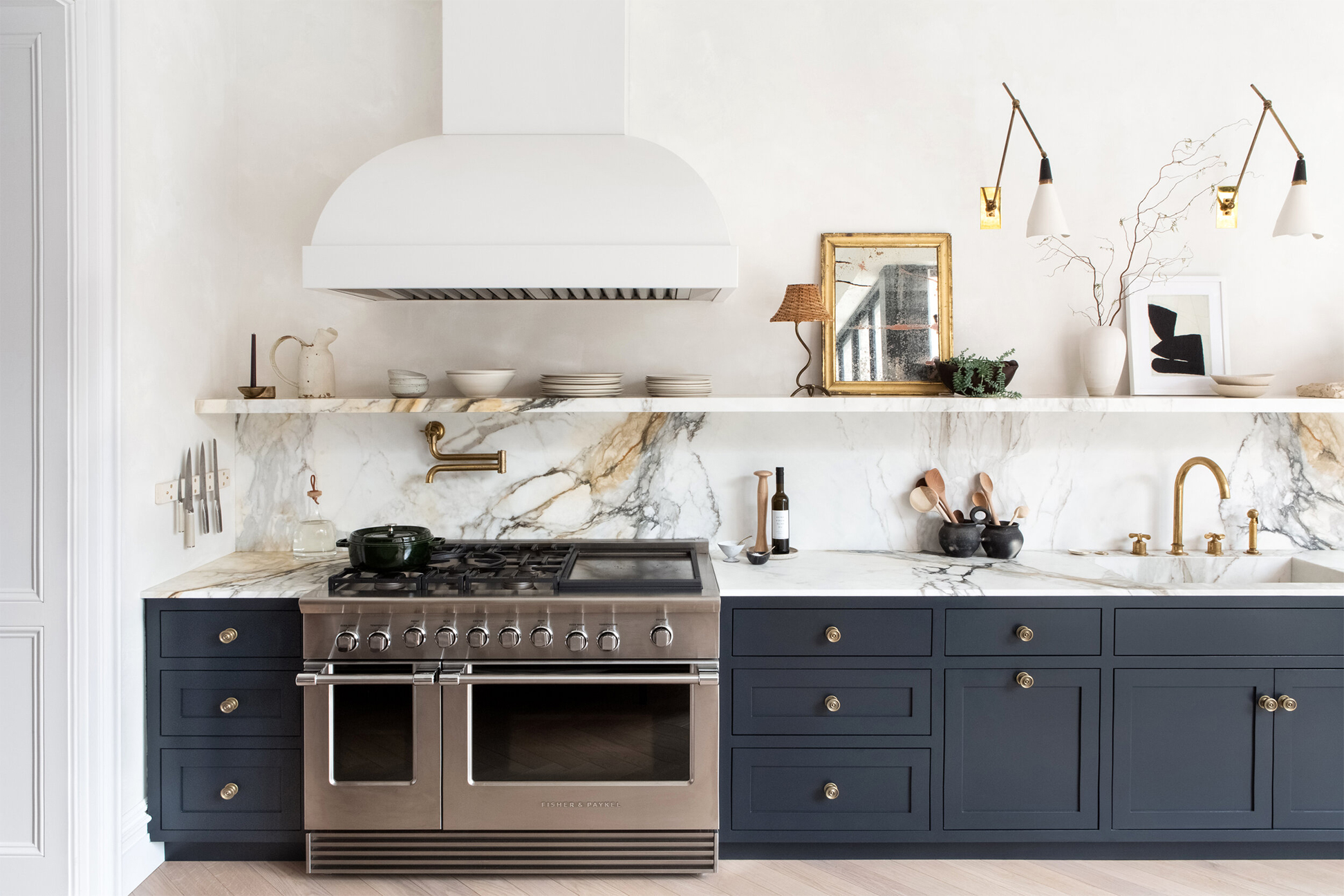 white marble with blue cabinets