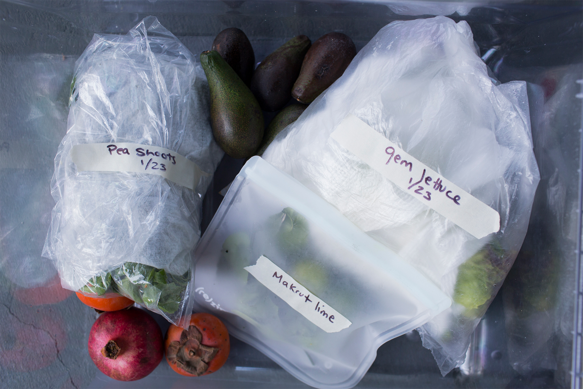 vegetables in labeled bags