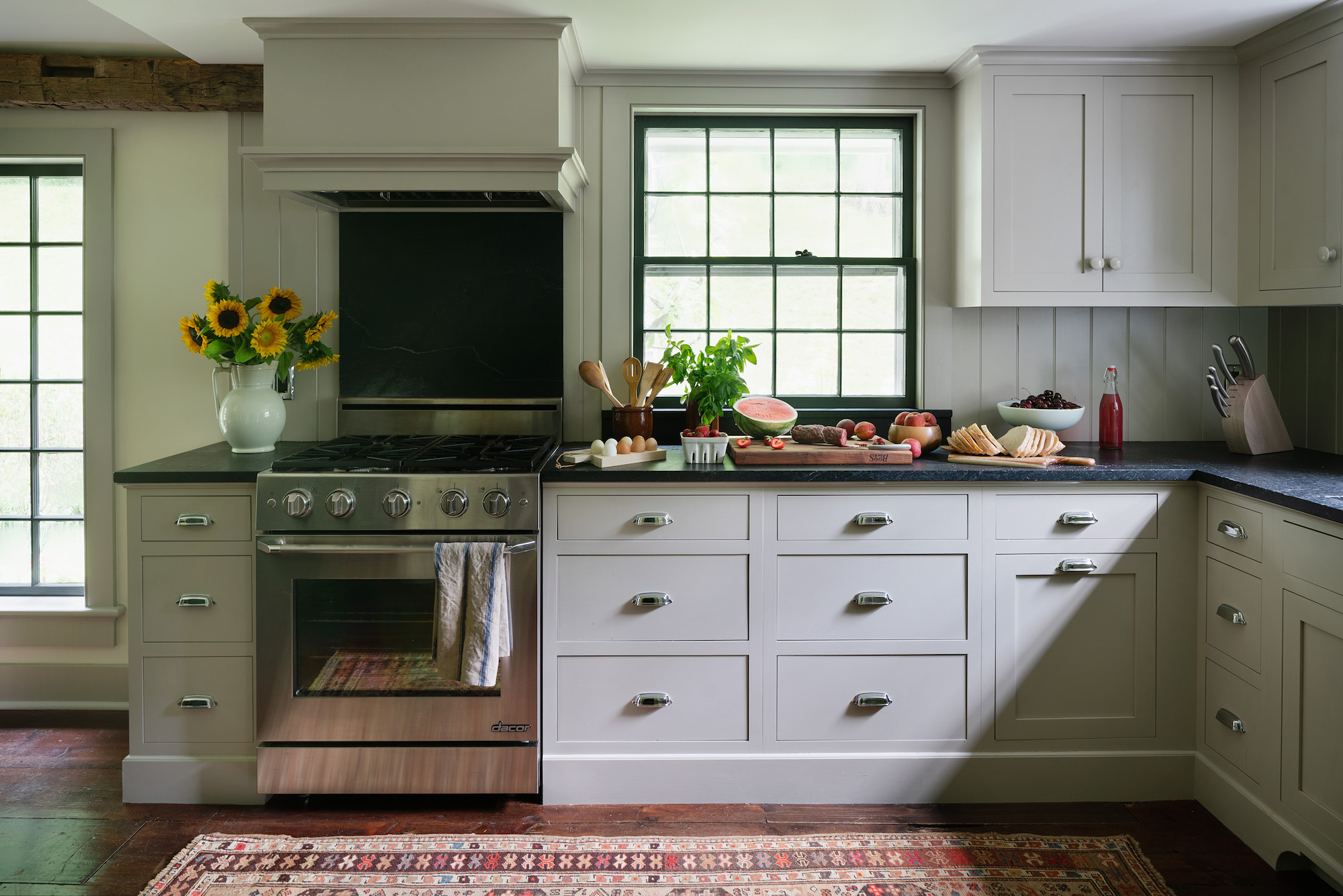 gray kitchen with oriental rug