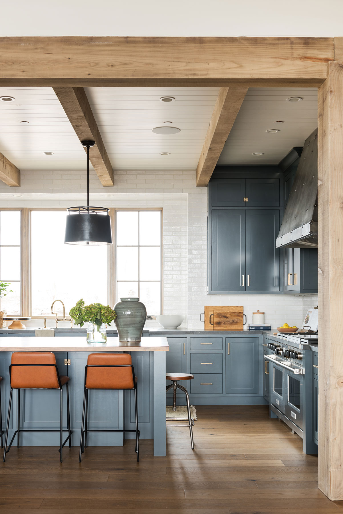 large kitchen with wood beams