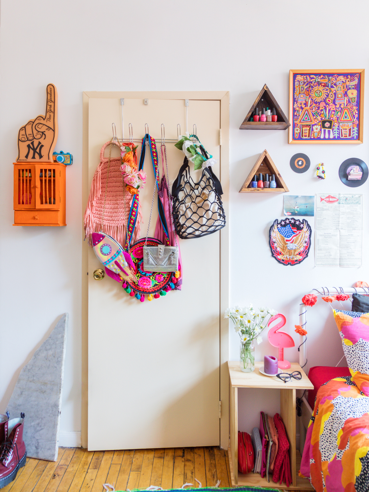 colorful room with over-the-door hooks