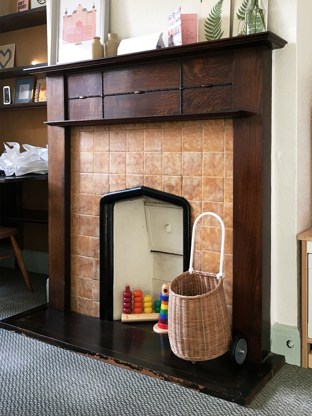 dark wood and brick fireplace