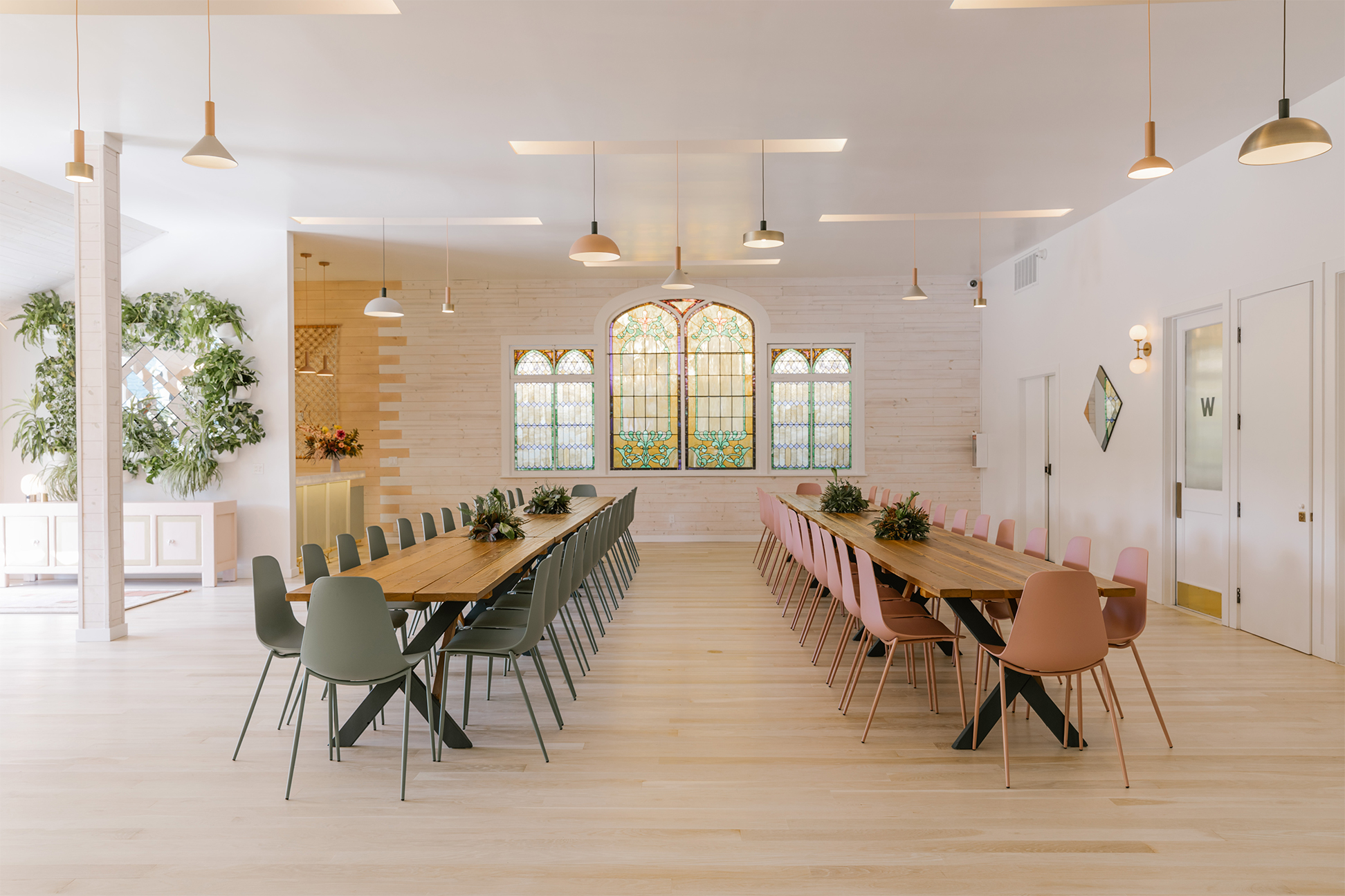 Work tables with colorful chairs