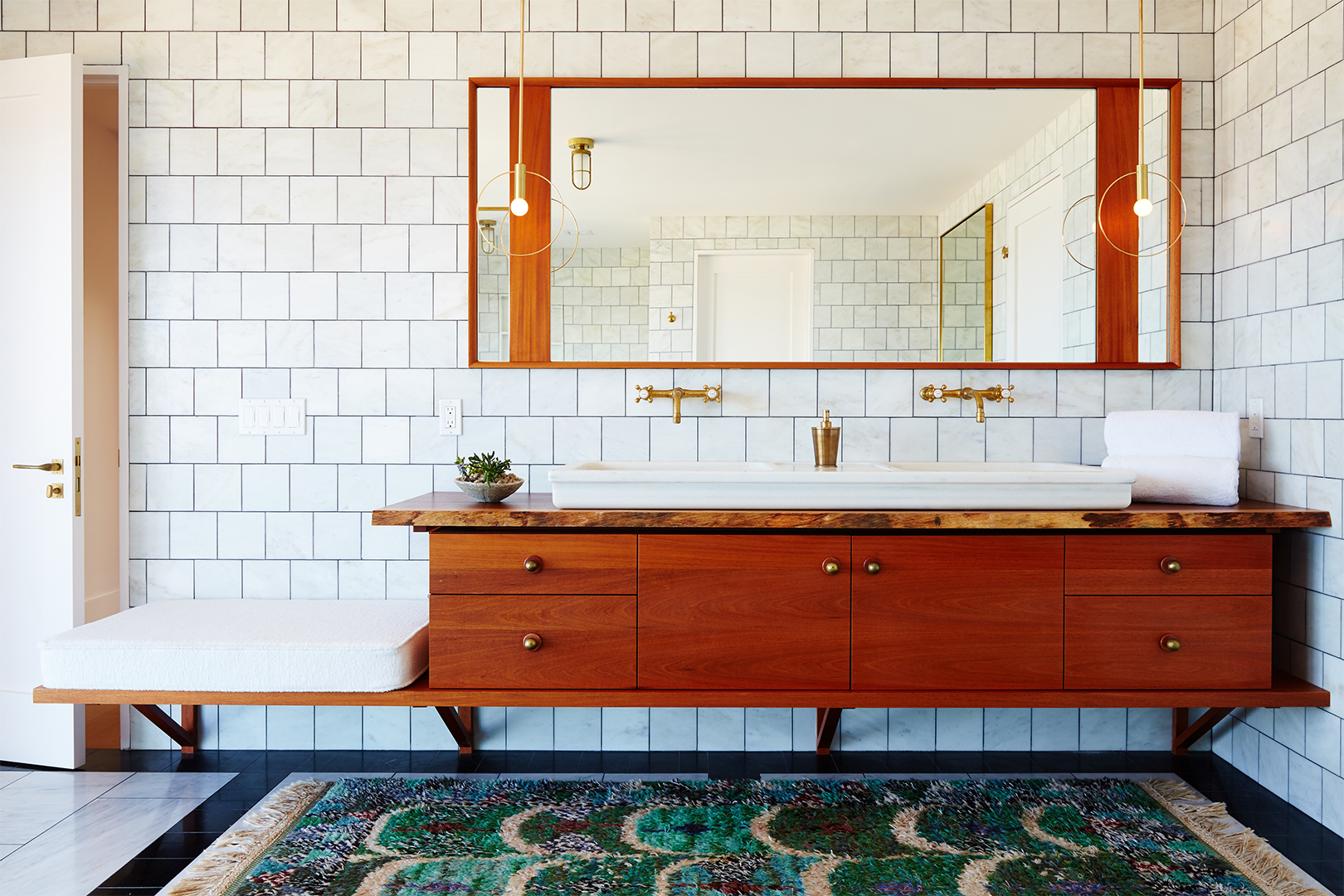 wood vanity with bench