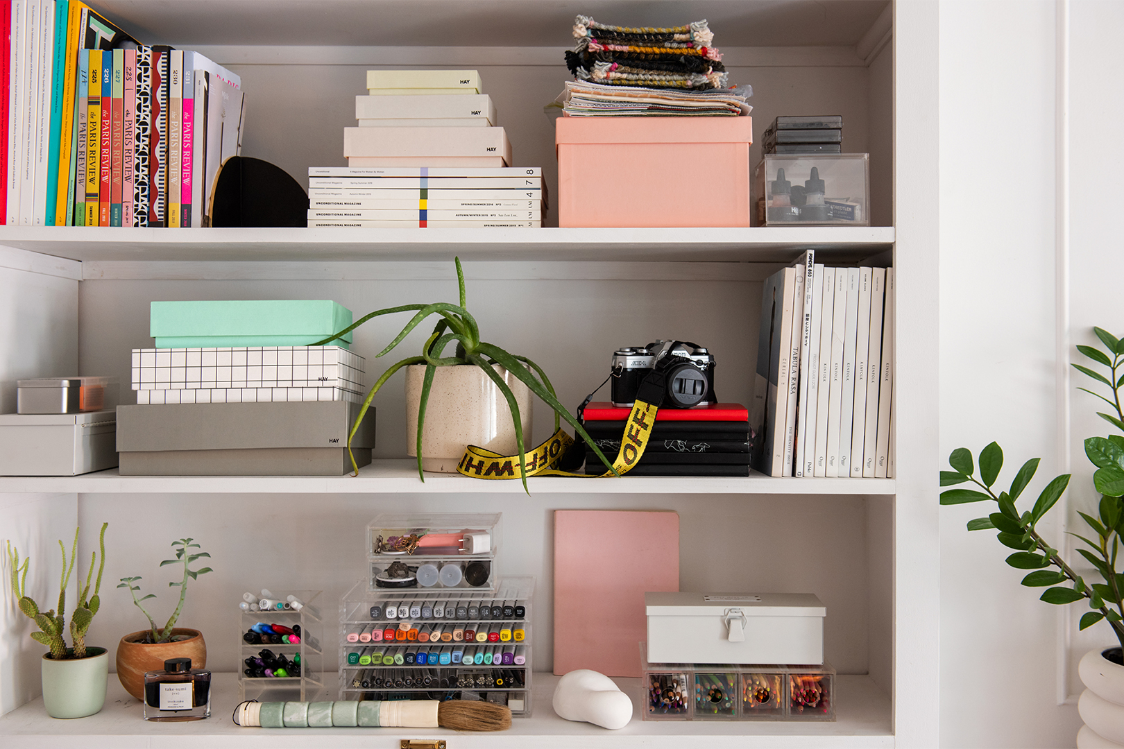 Shelves with assorted boxes