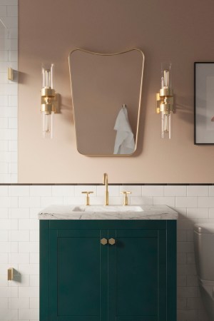 pink bathroom walls with green vanity