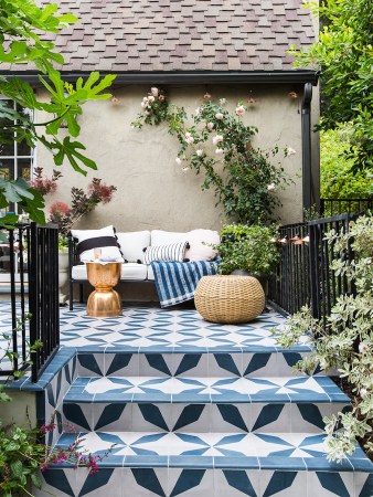 blue and white tiled patio