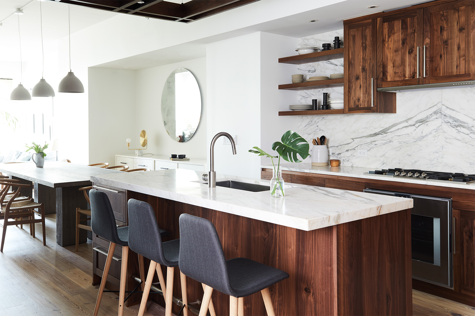 Kitchen with wooden cabinets and open shelves