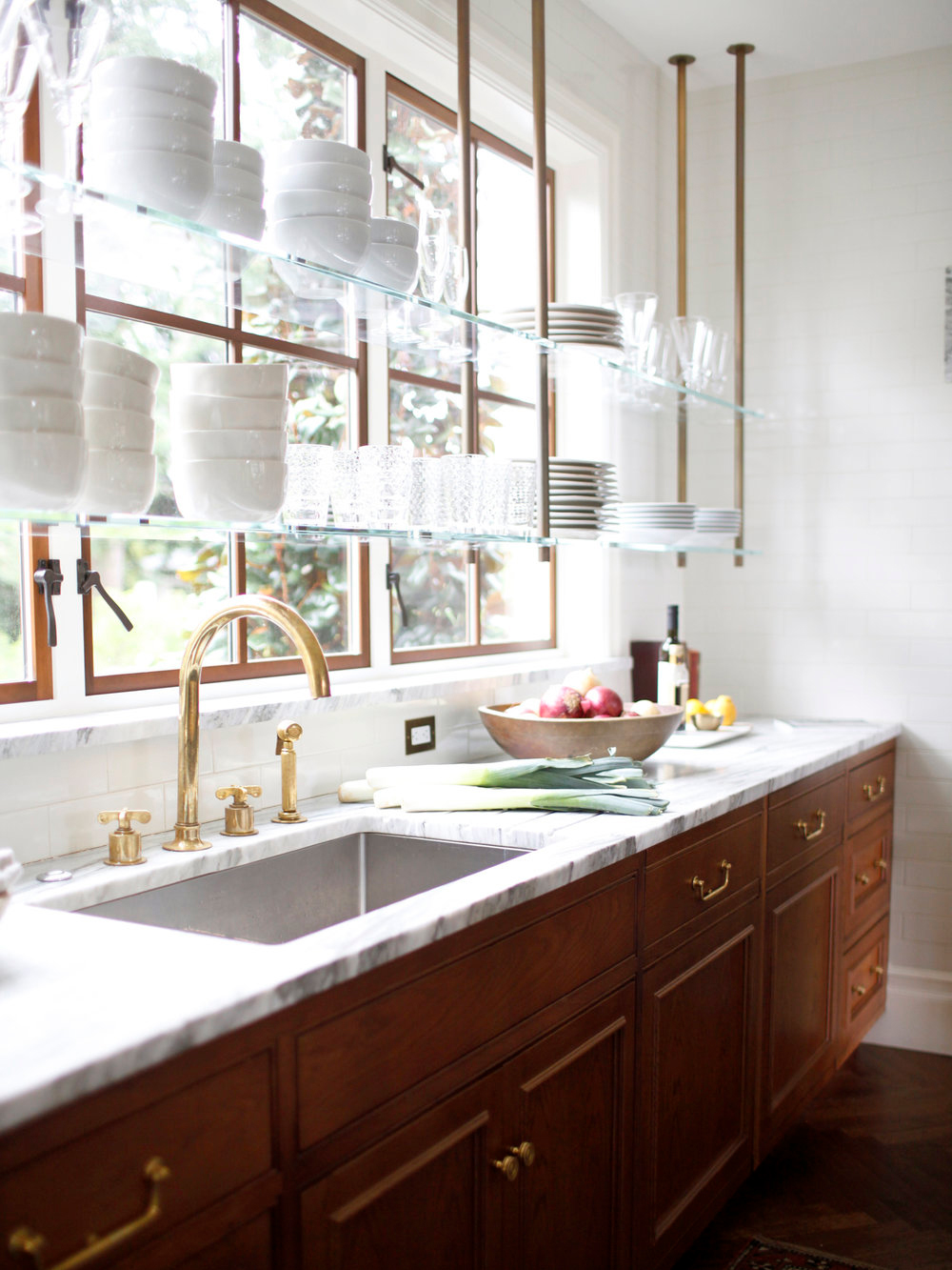 Kitchen with clear open shelves