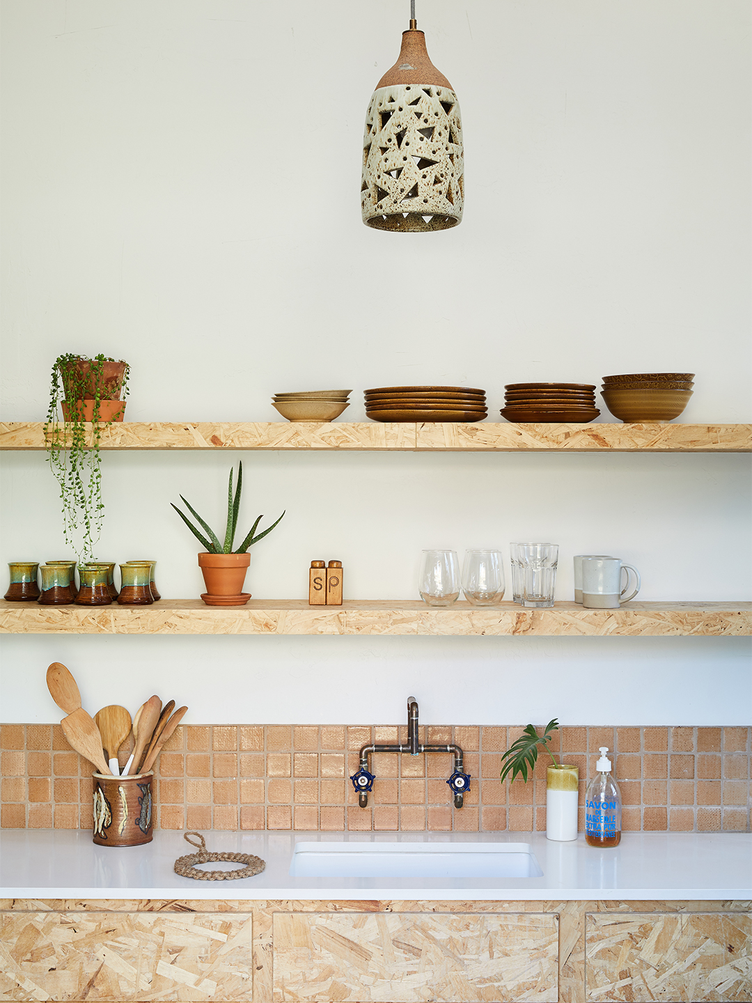 Minimal wooden open shelving