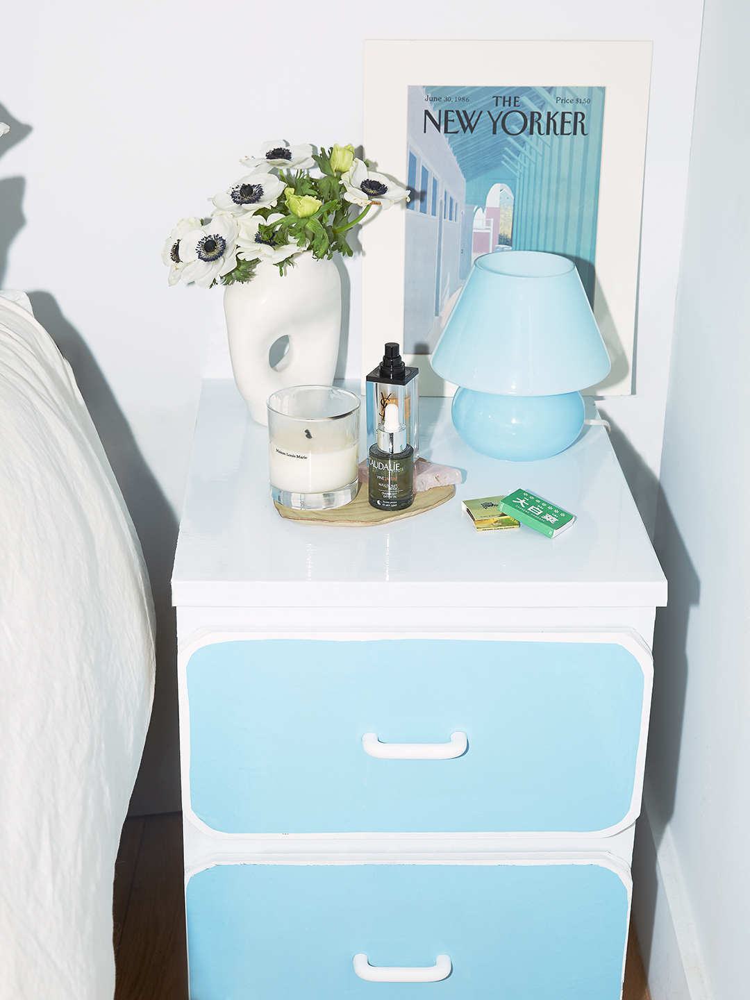 Blue and white nightstand