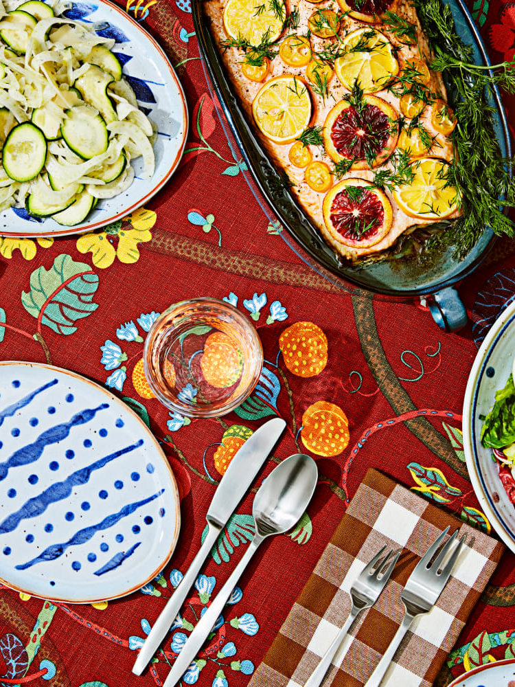 tablescape with red tablecloth