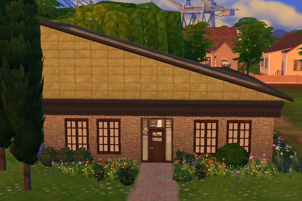 Exterior of green Sims home