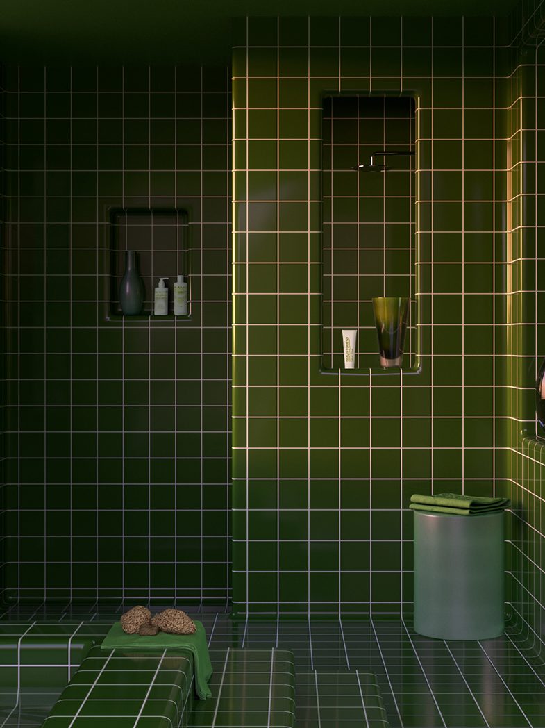 green tiled bathroom