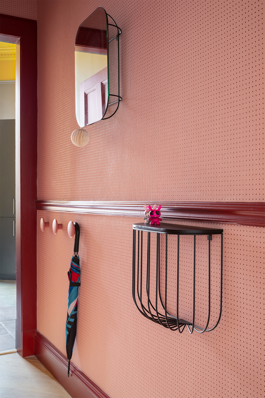 Pink entryway in Sam Buckley's Edinburgh apartment