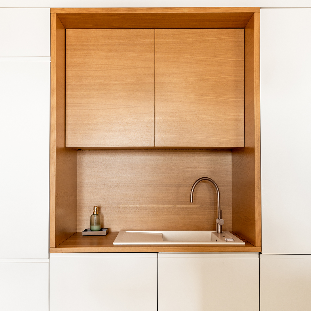 white and wood kitchen cabinetry