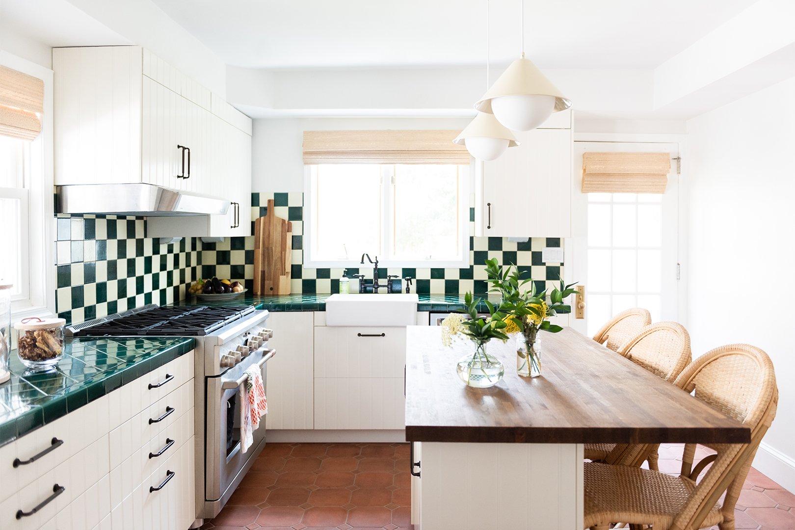 Green and white checkered backsplash