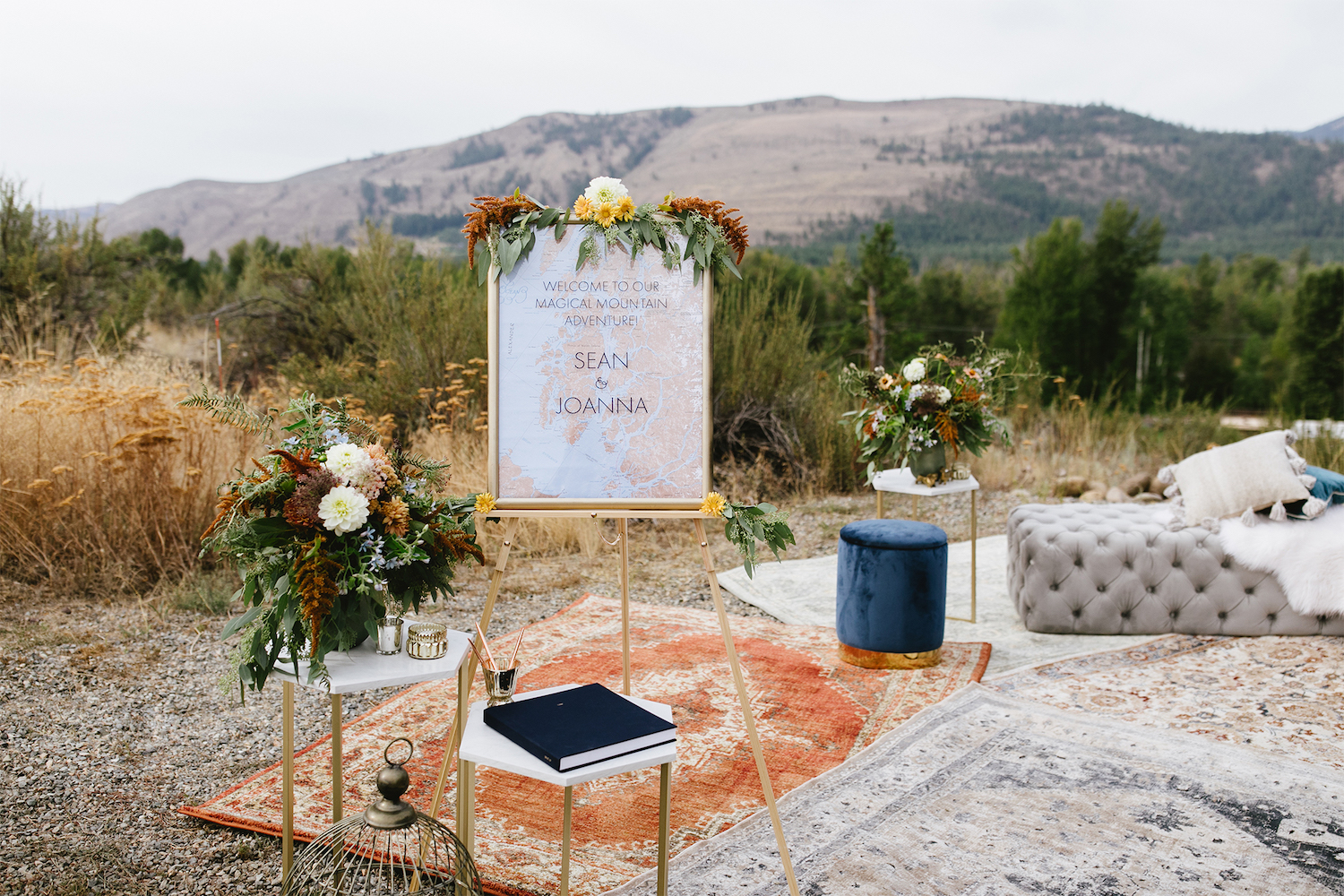 layered rugs and welcome table