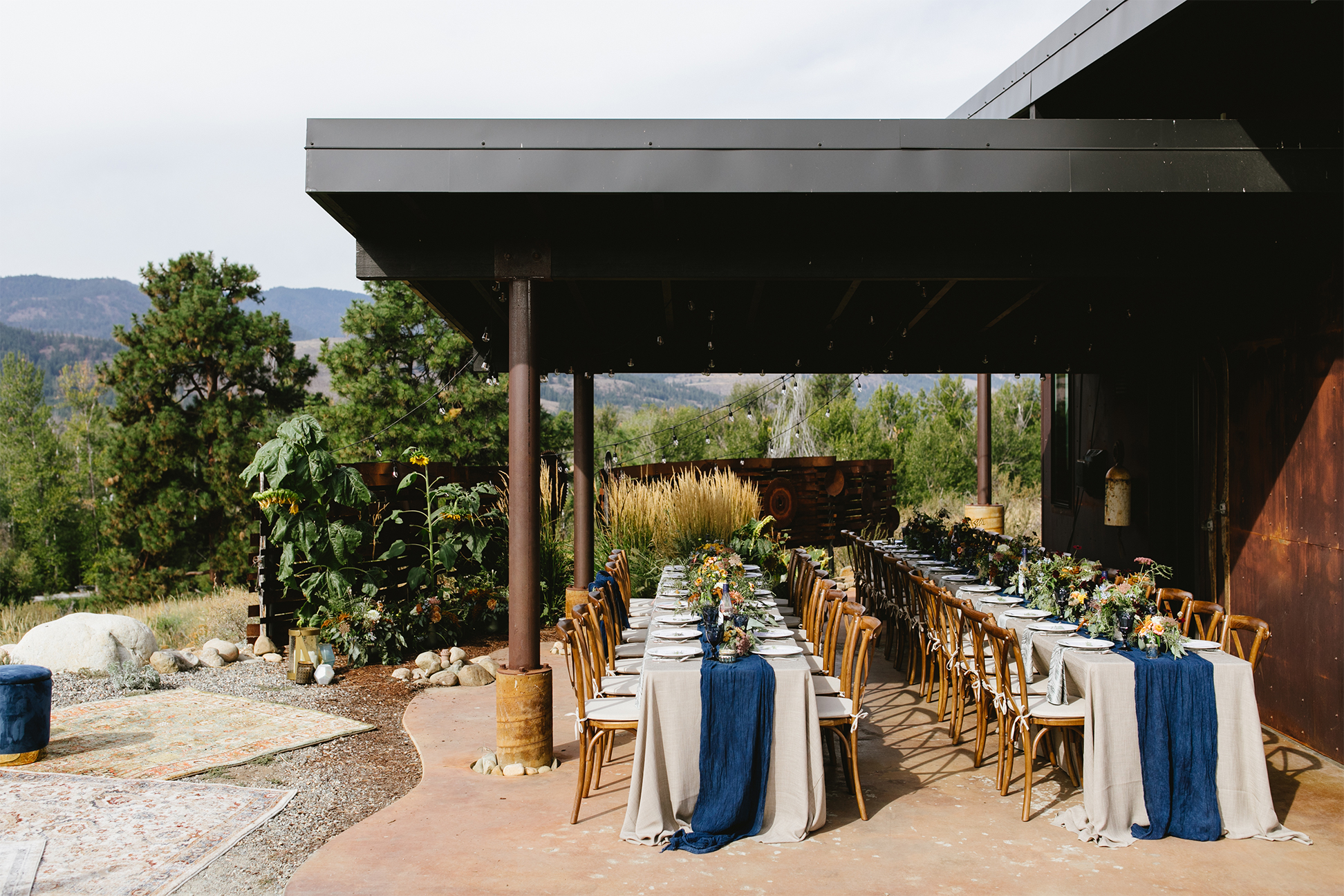 tables draped with blue runners