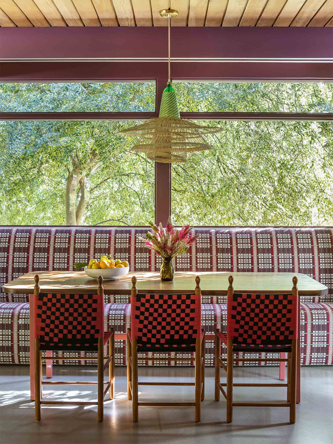 Checkered red and purple banquette