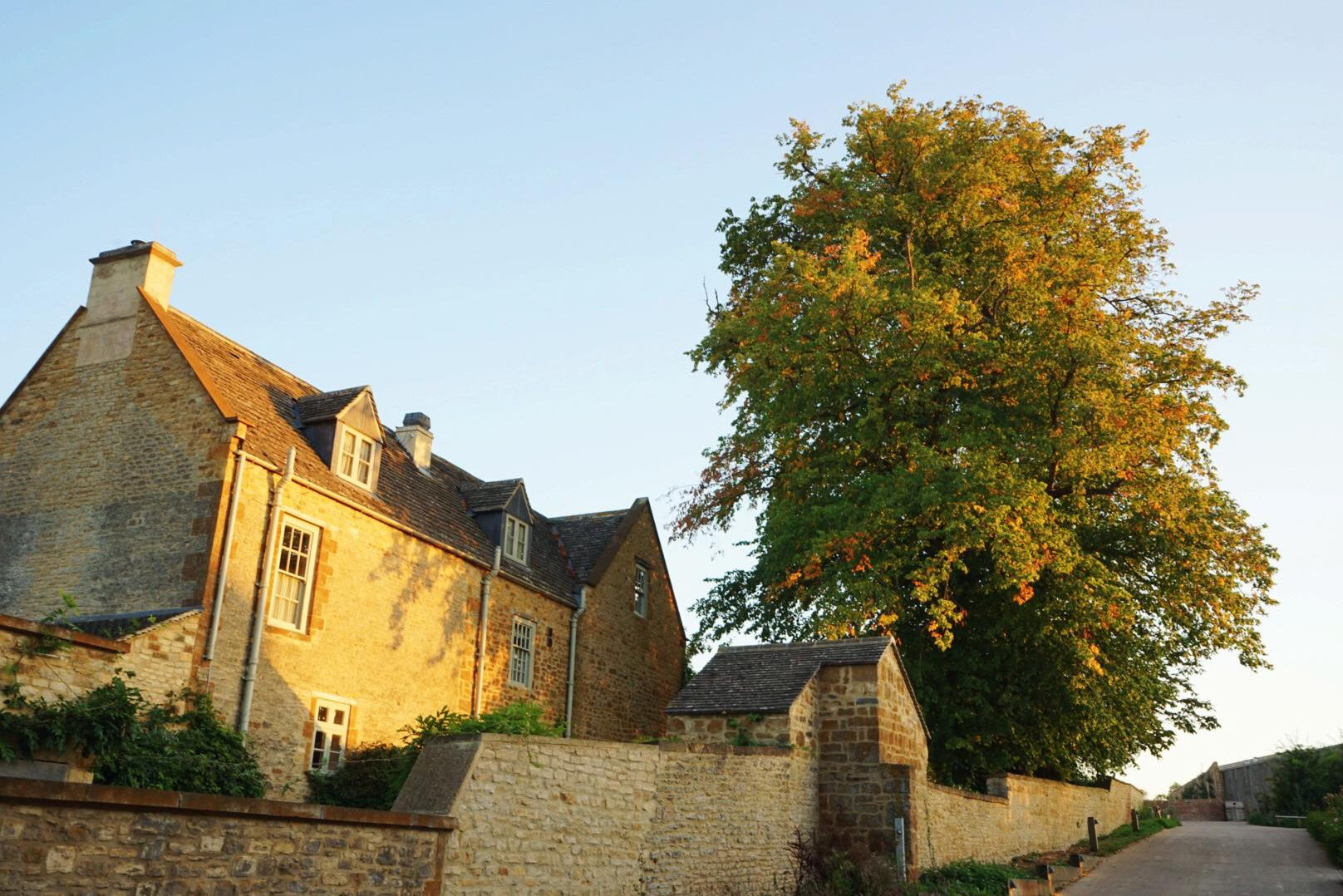 English farmhouse at sunset