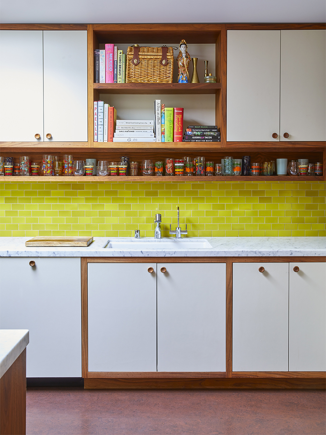 chartreuse backsplash white kitchen cabinets