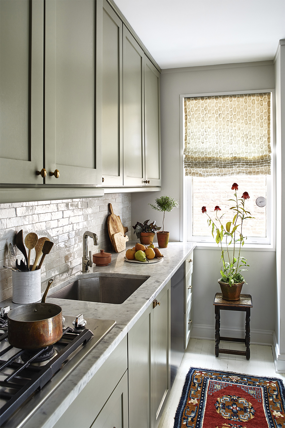 galley kitchen with oriental rug