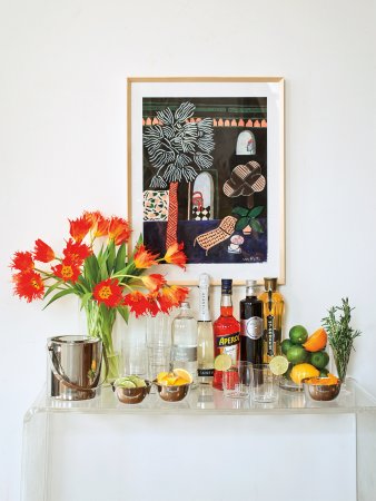 bar cart with tulip vase