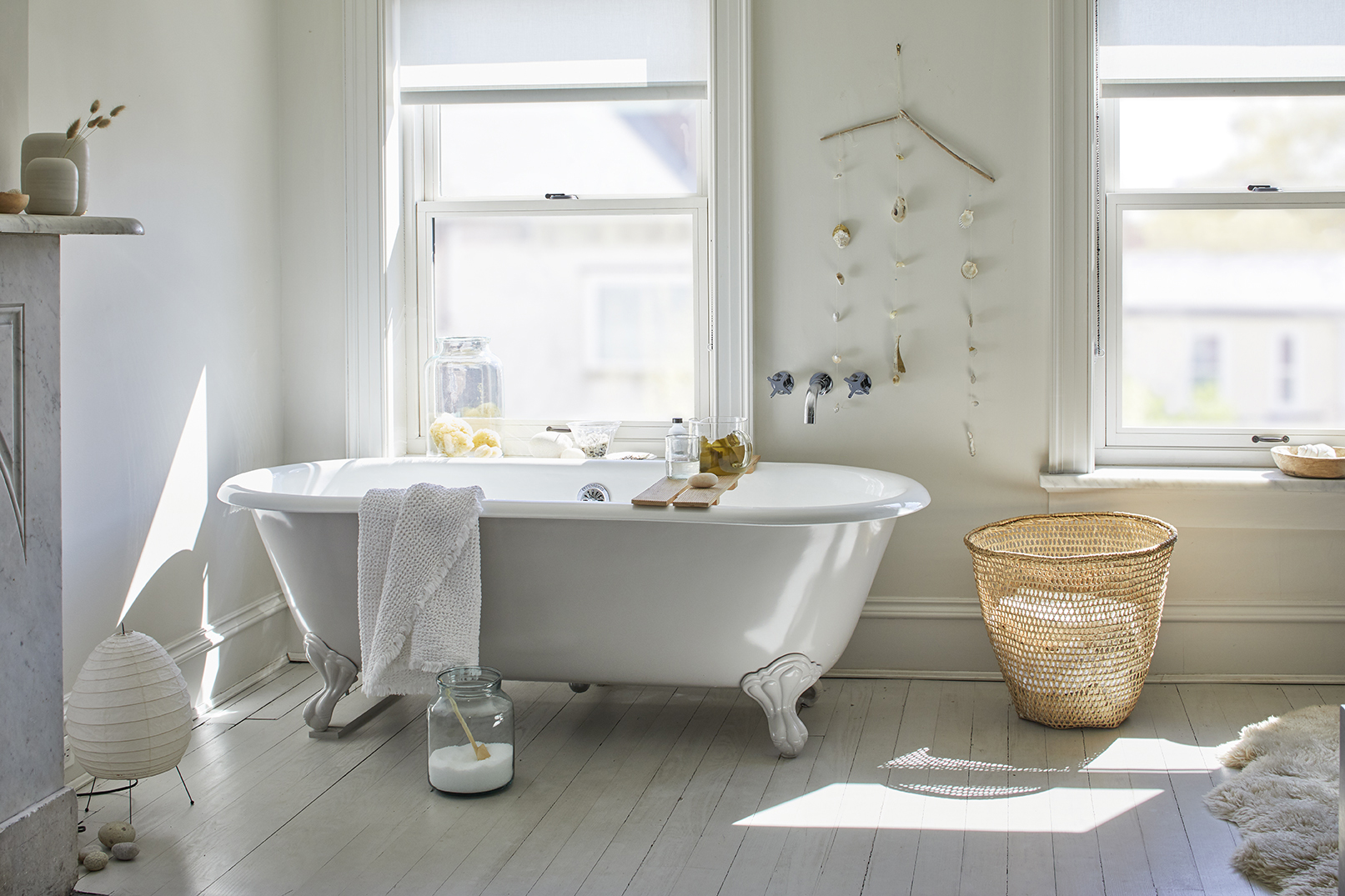 tub in a white bathroom