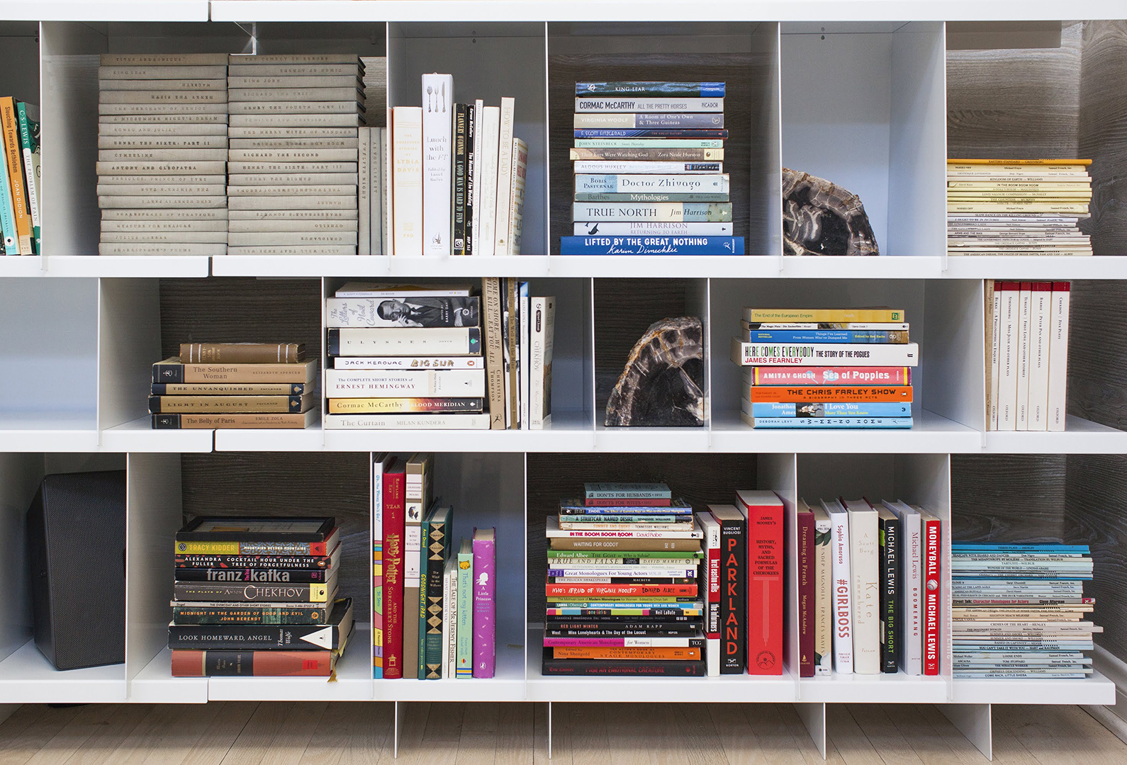 books on metal shelf