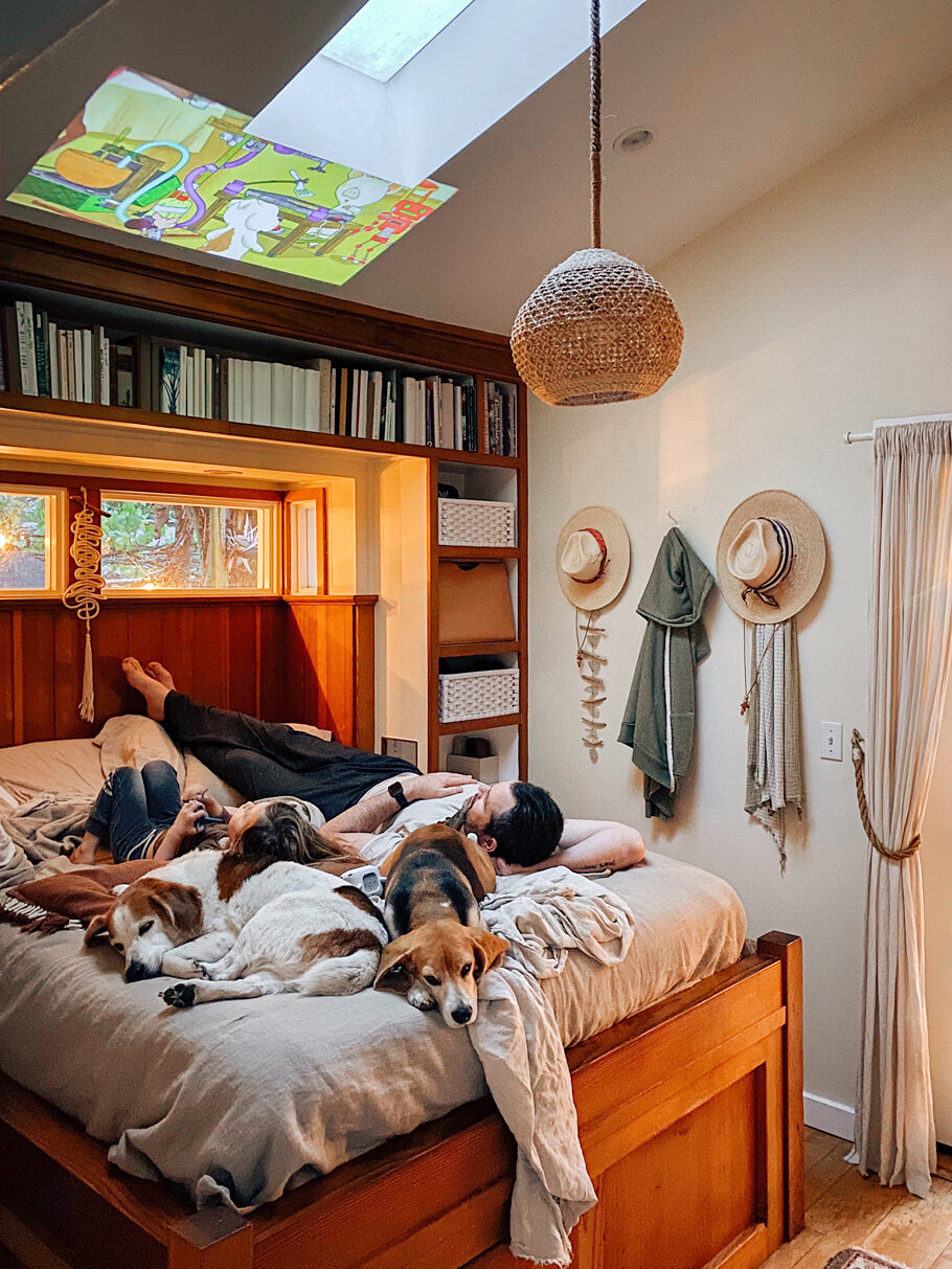 movie projector on ceiling of bedroom