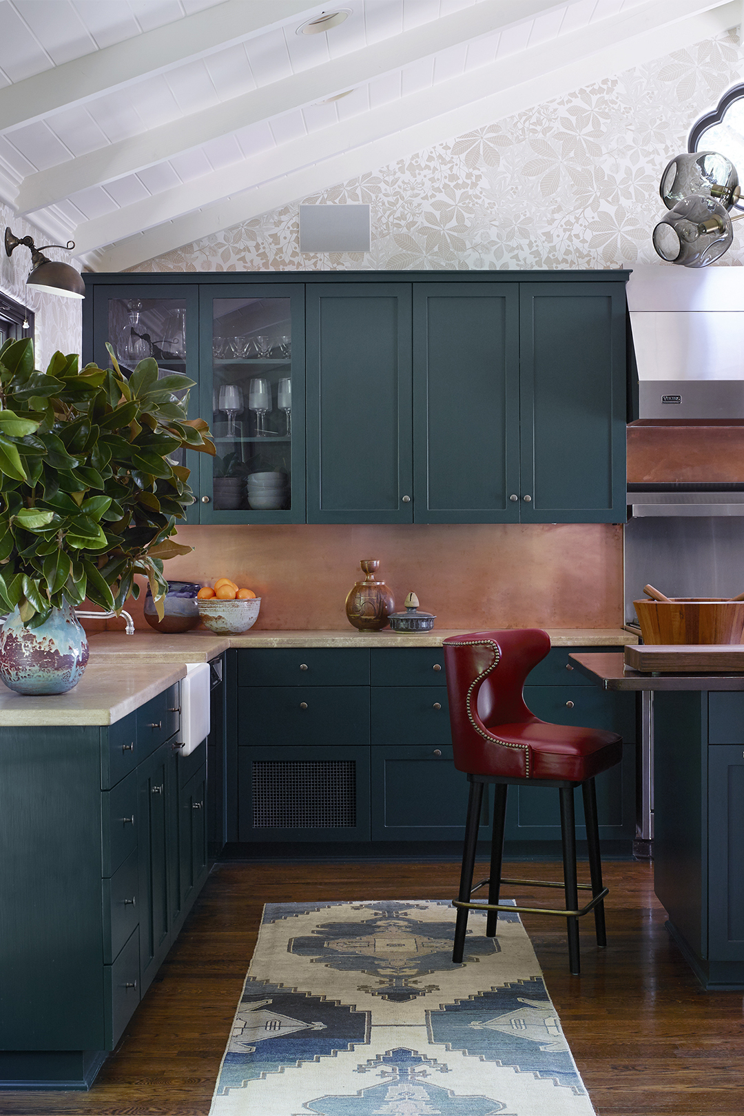 teal kitchen cabinets copper backsplash