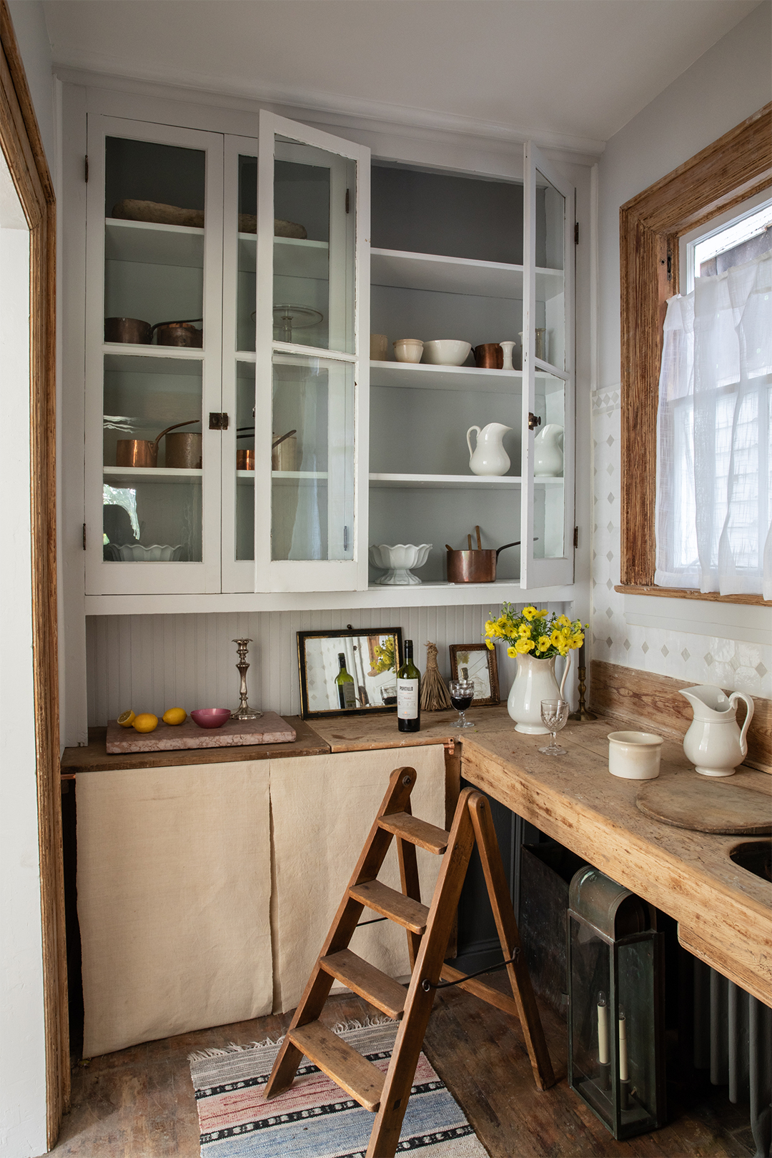 rustic kitchen white cabinets wood counters