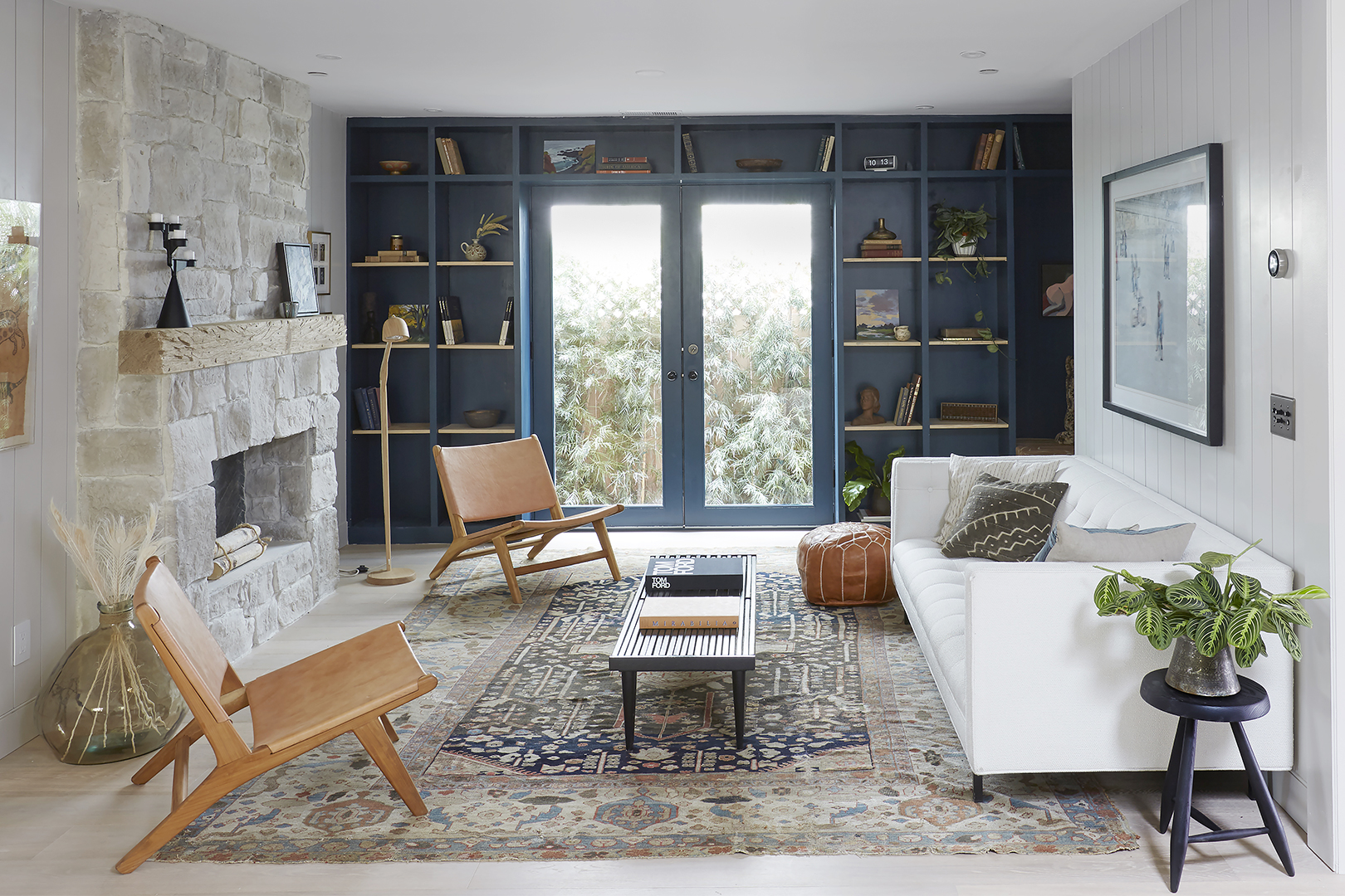 Living room with navy shelves