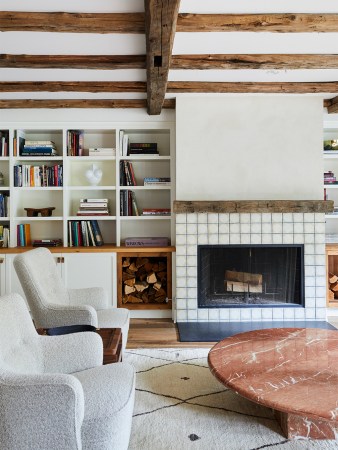 cozy living room with wood beams