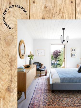 Bedroom with white walls and blue bed