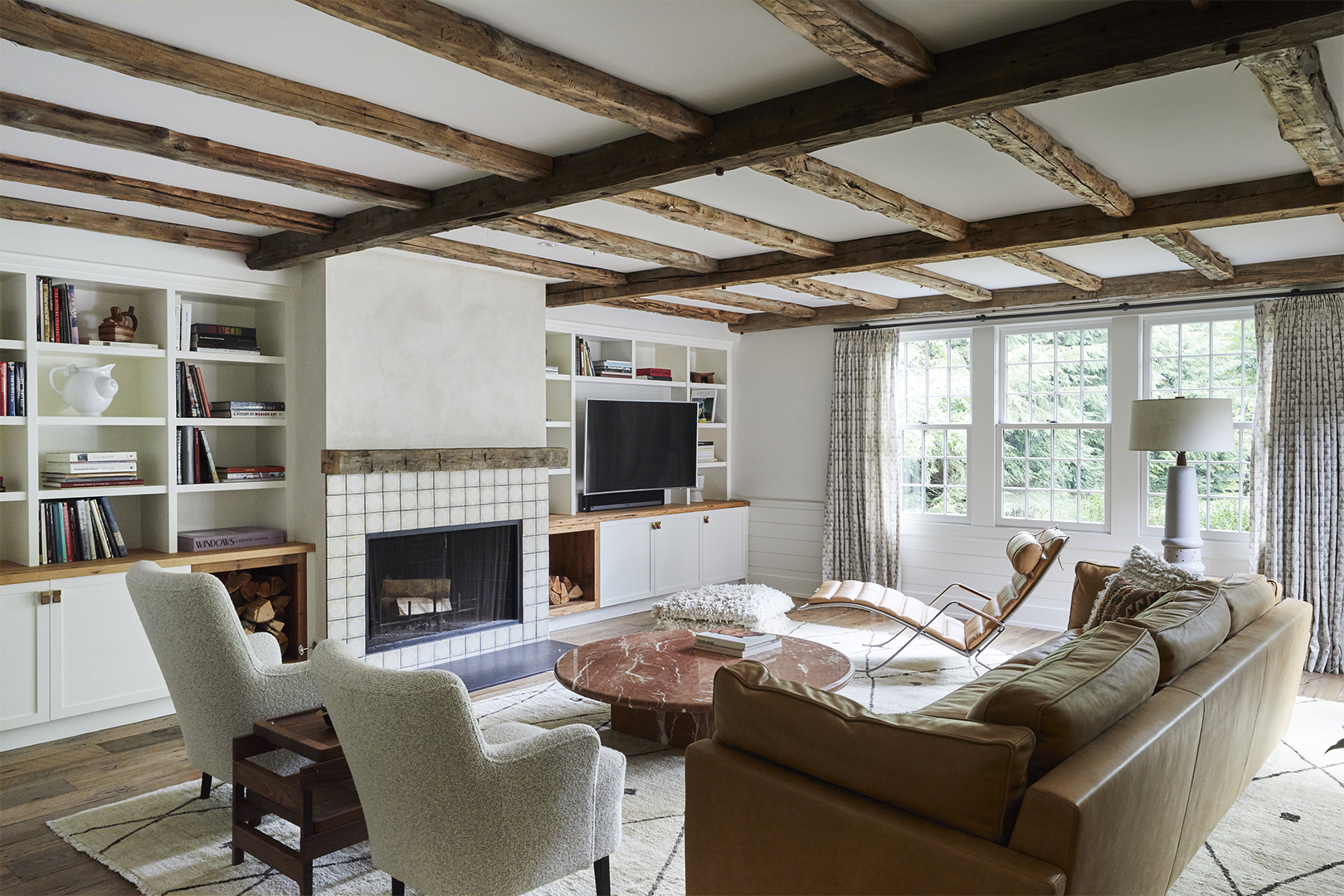 cozy living room with wood beams