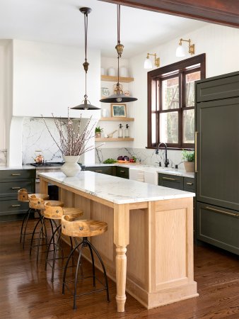 Traditional kitchen with green cabinets