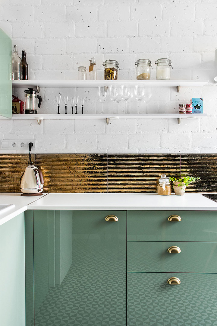 mint green kitchen brass backsplash